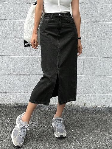 Womens Casual Slit Denim Midi Jean Skirt Stretch High Waist Frayed Button Up with Pockets thumbnail 3
