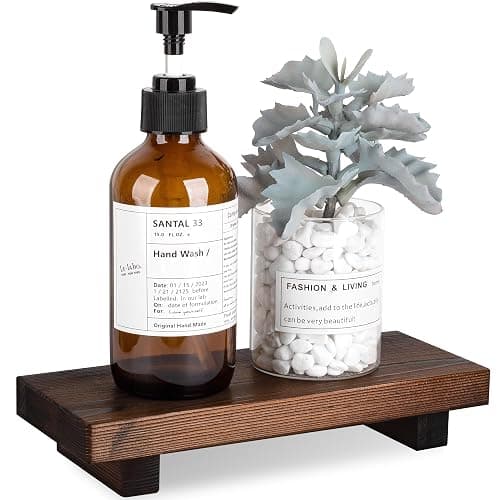 Bathroom Counter Organizer Wood Pedestal Stand Farmhouse Decorative Tray Soap Holder for Kitchen Decor, Small, Dark Brown - Image 1