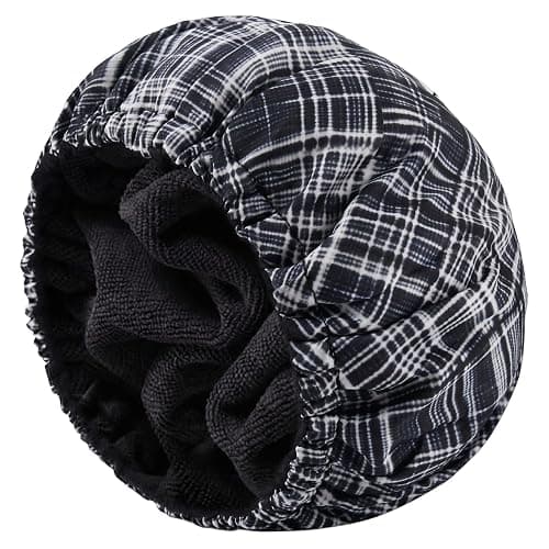 Shower Cap for Women Terry Lined Bath Cap Large Reusable Waterproof Elastic Black Plaid Shower Caps for Long Thick Hair Soft Bath Shower Hair Caps - Image 1