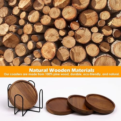 4 Pcs Wood Coasters for Drinks Absorbent, Wooden Coasters with Holder, Drink Coasters for Coffee Table, Absorbent Coaster Set for Table Protection Drink Coasters for Farmhouse, Office, Bar thumbnail 4