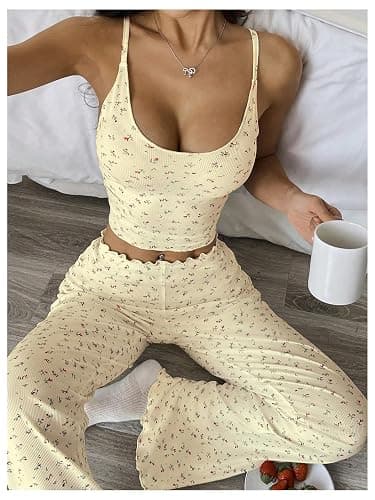 SHENHE Women's 2 Piece Pajama Set Sleeveless Crop Cami Top and Pants Y2k Floral Pjs Loungewear thumbnail 4