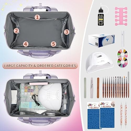 Nail Polish Organizer Case Backpack Holds 70 Bottles (15ml/0.5fl.oz) & Nail Lamp, 2 Layers Detachable Nail Kit Storage Case, Large Travel Nail Supplies Shoulder Bag for Manicure Tools (Purple) thumbnail 5