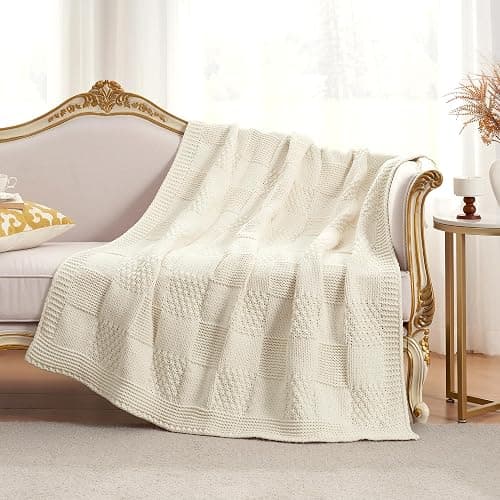 Amélie Home Checkered Chenille Knit Throw Blanket for Couch, Classic Texture Decorative Soft Blanket for Sofa, Chair & Bedroom, 50"x60", Ivory thumbnail 2