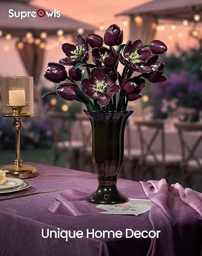 SupreOwls Dark Purple Tulip Flowers Building Set Botanical Bouquet for Her | Artificial Plant Collection Building Kit, Home Room Table Decor Block Toy, Birthday Gift for Adult Women Mother Girlfriend thumbnail 2