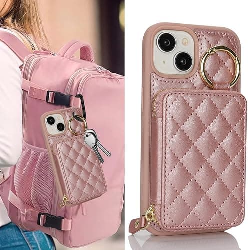 Hamany for iPhone 14 Case Wallet with Card Holder-Rose Gold | Phone case wallet with zipper with Slot Kickstand Stand Case for Women and Man 5G 6.1 Inch thumbnail 2