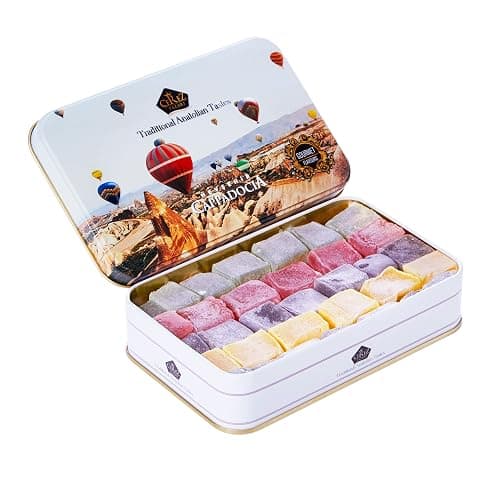 Cerez Pazari Turkish Delight Candy Gift Basket, Luxury Lokum Dessert, Gourmet Christmas Holiday Corporate Food Gifts in Elegant Tin Box, With 5 Unique Flavors, No Nuts, 13.2 oz. - Image 1