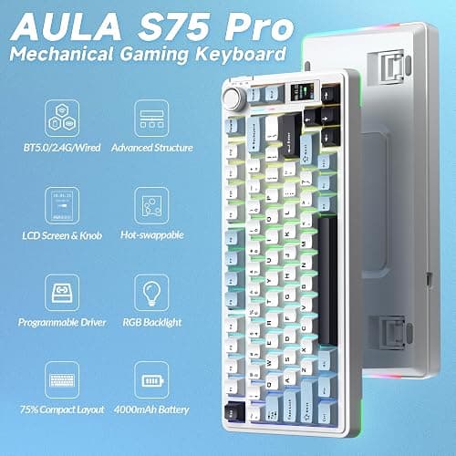 AULA S75 PRO Wireless Mechanical Keyboard with Screen&Knob, 75% Hot Swappable Gaming Keyboard with Pre-lubed Switches, RGB Backlit, PBT Keycaps Creamy Sounding Pc Gaming Keyboards thumbnail 2