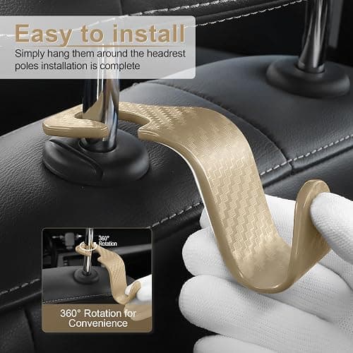 LivTee Car Purse Hook, Headrest Hook for Car, 4 Pack Universal Auto Car Seat Headrest Hook Hangers Organizer for Purse Coat Umbrellas Grocery Bags Handbag, Car Accessories - Carbon Fiber Beige thumbnail 4