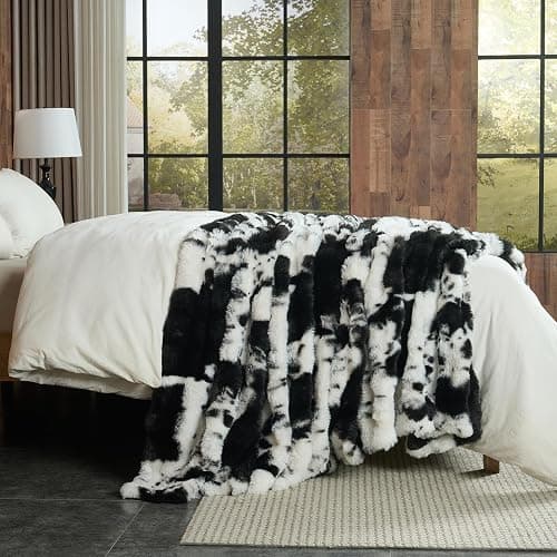 Lotus Karen Faux Fur Throw Blanket Cow Print-Black, Fluffy Fuzzy Plush Bubble Blanket for Couch, 60x50 Inches Cozy Shaggy Rabbit Blanket, Luxury Decorative Gifts for Sofa Bedroom Living Room. thumbnail 6