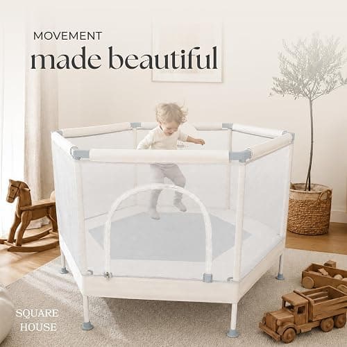 Square House Kids Trampoline, Aesthetic Indoor and Outdoor Toddler Trampoline with Safety Net, Basketball Hoop, 220lb Capacity, Ultra Safe No-Gap Design, Gifts for Boys & Girls thumbnail 4