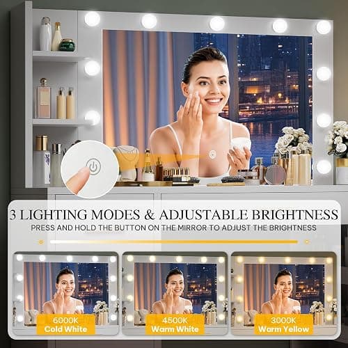 DWVO Makeup Vanity Desk with Mirror & Lights, 40inch Vanity Table with Power Outlets, 4 Drawers & 6 Open Storage Shelves, 3 Color Modes & Adjustable Brightness Dressing Table for Bedroom, White thumbnail 6