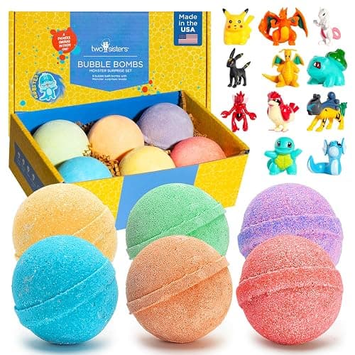 Poke Monster Bath Bombs for Kids with Surprise Toys Inside (6 Pack) - Large Bubble Bath Bomb for Boys, Girls, Toddlers - Fruity Scents, Made in USA, Skin-Safe - Birthday Gift by Two Sisters - Image 1