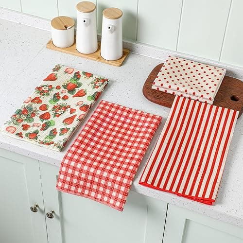 VitalCozy 4 Pcs Strawberry Waffle Kitchen Towel Red Fruit Dish Towels | Kitchen Vintage Cloth, 18 x 28 Inch, Highly Absorbent Reusable Hand Tea Towel, Farmhouse Cooking Baking Cleaning Wipe Decor thumbnail 5