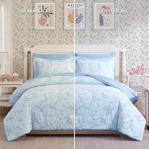 Full Size Comforter Sets for Girls - 7 Pieces Bow Bedding Set Bed in a Bag | Jacquard Cottage Core Bedding Sets, All Season Bed Set with Comforter, Sheets, Pillowcases & Shams, Light Blue thumbnail 7