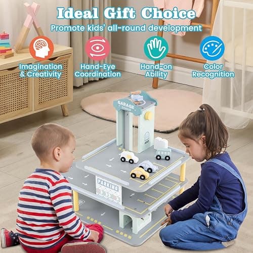 Costzon Toy Car Garage, Multi-Level Wooden Toy Garage with 4 Cars, Helicopter, Gas & Charging Station, Ramp & Working Elevator, Parking Garage for Toy Cars, Pretend Play Gift for Kids Toddlers 3+ thumbnail 6