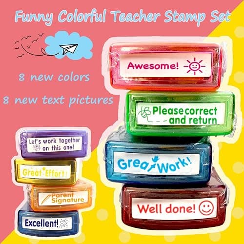 Bertiveny Teacher Stamps for Grading Classroom,Parent Signature Self-Inking Teacher Stamp Set School Supplies Stamps for Homework Reward with 8 pcs Classroom Supplies for School Elementary(Rainbow) thumbnail 3