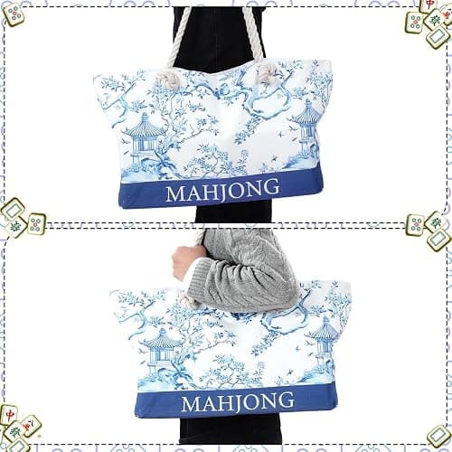 Sunnymove Empty Mahjong Bags Set for Tiles and Racks 24x13x4.7 Inch American Mahjong Carrying Bag Tote Tiles Bag Drawstring Protective Sleeve for Rack Pusher Party Travel, Case Only (Blue Chinoiserie) thumbnail 4