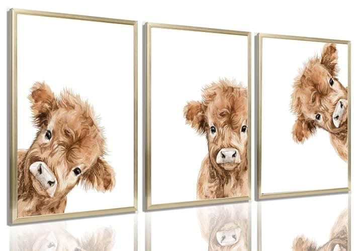 3Pcs Highland Cow Baby Canvas Wall Art Brown Peeping Highland Cattle Wall Decor Pictures Cute and Funny Animals Posters Prints for Nursery Children's Room Bathroom Artwork Home Decoration Unframed - Image 1