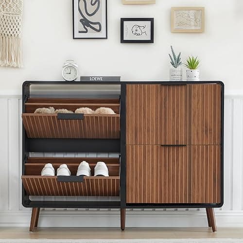 47" Fluted Large Shoe Cabinet with 4 Flip Drawers, Slim Freestanding Shoe Cabinet Organizer, Narrow Shoes Storage Rack for Entryway, 5 Sturdy Legs (Walnut and Black, 9.45" D x 47.24" W x 35.83" H) - Walnut and Black - 9.45"D x 47.24"W x 35.83"H thumbnail 5