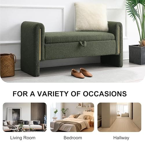 NIOIIKIT 52" Storage Ottoman Bench, Teddy Upholstered Storage Bench with Armrest, Entryway Bench with Pull-Ring, End of Bed Bench, Window Bench for Living Room (Olive Green) thumbnail 7