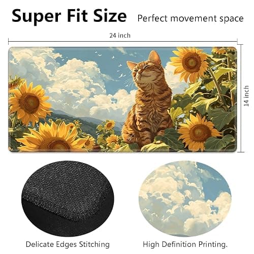 RMJKXQZG for MTG Playmat 24" x 14" with High Elastic Rubber Base Non-Slip Rubber Sole HD Printing for MTG Mat Card Playmats Gaming Mouse Pad, Orange Cat Golden Sunflower thumbnail 3