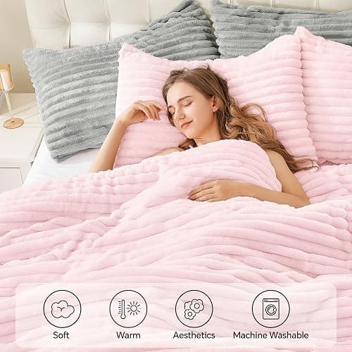BEDELITE Fleece Queen Comforter Set -Super Soft & Warm Fluffy Cherry Blossom Bedding, Luxury Fuzzy Heavy Bed Set for Winter with 2 Pillow Cases thumbnail 3