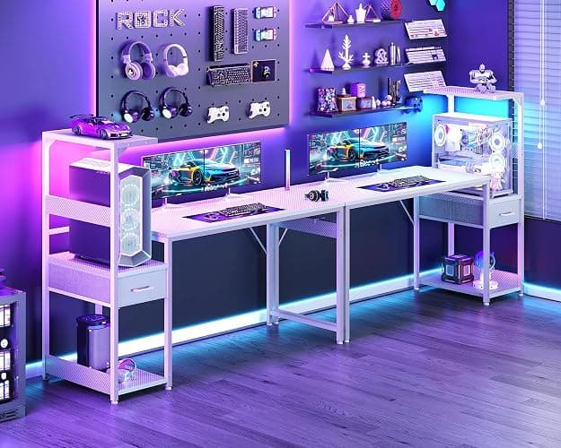 Casaottima 54 Inch Gaming Desk with Storage & LED Lights, Reversible Computer Desk with Display Shelves & Fabric Drawer, Modern Gamer Desk Table with Side Headphone Hook, Carbon Fiber White thumbnail 6