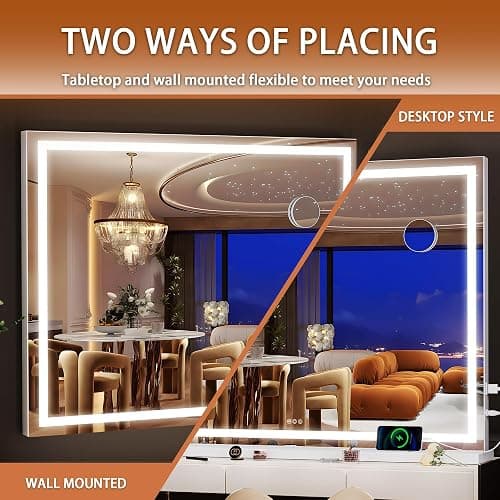Hasipu Vanity Mirror with Lights, 47" x 30" LED Makeup Mirror, Lighted Makeup Mirror with Dimmable 3 Modes, Touch Screen Control Vanity Mirror Square White thumbnail 4