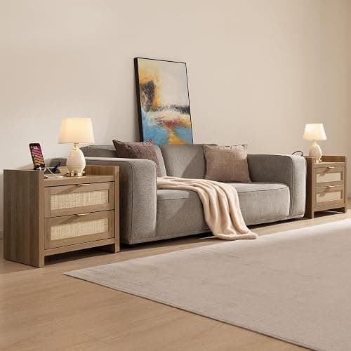 SICOTAS Night Stand Set of 2 - Rattan Nightstands with Type-C Charging Station, 2 Rattan Drawers - Boho Bed Side Tables End Table for Small Space - Natural Oak thumbnail 2