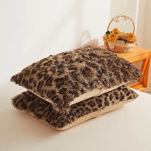 XeGe Cheetah Print Fluffy Faux Fur Duvet Cover Set, 3 Pieces Soft Plush Shaggy Fuzzy Bedding Set(1 Faux Fur Leopard Print Comforter Cover + 2 Furry Pillowcases), Zipper Closure(Queen, Brown) - Queen - Cheetah Print Brown thumbnail 4