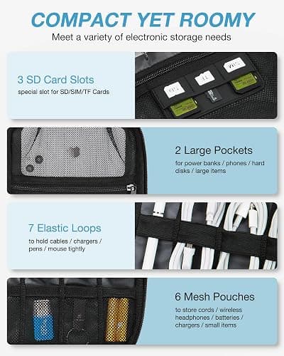 BAGSMART Large Electronics Travel Organizer Case, Tech Accessories Cord Storage Bag for Phone, Power Bank, SD Card, Cables, Black thumbnail 3