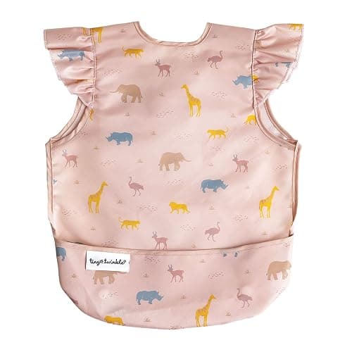 Tiny Twinkle Short Sleeve Apron Baby & Toddler Bib for Girls – Waterproof, Mess-Proof Bibs for Eating & Feeding, Machine Washable,Perfect Holiday Gift (Petite Safari, 6–24M) - Image 1