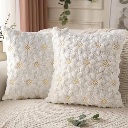 MEIVINES Cream White Cushion Covers Set of 2 Spring Summer Cushion Covers 45 x 45 Sunflowers Faux Fur Decorative Pillow Case Cover for Living Room Bed Sofa - Image 1