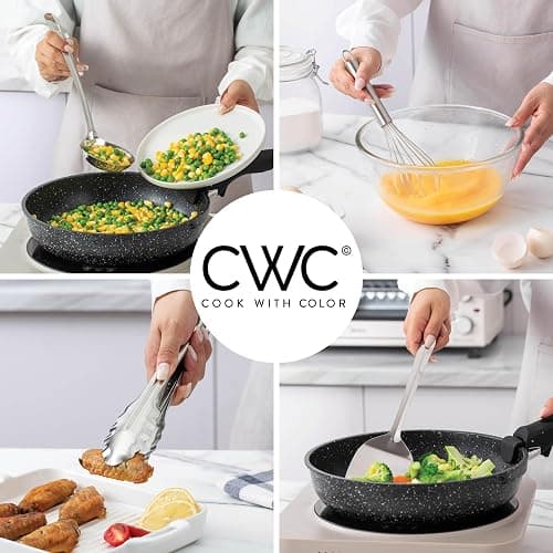COOK WITH COLOR Kitchen Utensil Set - 10-piece premium Nonstick & Heat Resistant Kitchen Gadgets, Turner, Spaghetti Server, Serving Spoons, Whisk, Tongs, Masher & Utensil Holder, Stainless Steel thumbnail 4