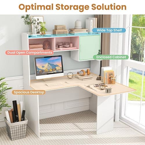 Giantex L Shaped Desk with Hutch, White Corner Desk with Storage Shelf & Cabinet, Laptop PC Table Gaming Computer Table Workstation, Modern Executive Study Writing Desk for Home Office, Bedroom thumbnail 4