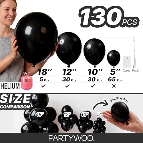 PartyWoo Black Balloons 130 pcs Different Sizes of 18 12 10 5 Inch Black Balloons Arch Kit Garland for Baby Shower Birthday Graduation Casino Gaming Anniversary Race Car Party Decorations Black-Y18 thumbnail 6