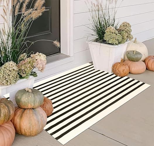 Front Door Mat Outdoor 24'' x 35'' Black and Beige Striped Outdoor Rug Cotton Woven Washable Entryway Rug Small Area Rug for Front Porch/Laundry Room/Bathroom thumbnail 7