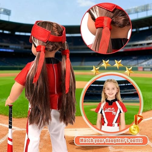 ARTST Softball Uniform Doll Outfit-American 18 inch Doll Clothes and Accessories Set Including Hat Red Baseball Clothing Bat Shoes Socks and Hairbow,Gifts for Girls&Boys(NO Doll) thumbnail 5