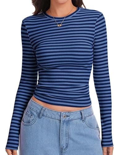 Eyanse Ribbed Long Sleeve Tops for Women,Stretch Striped Shirt Slim Fit Tee - Image 1
