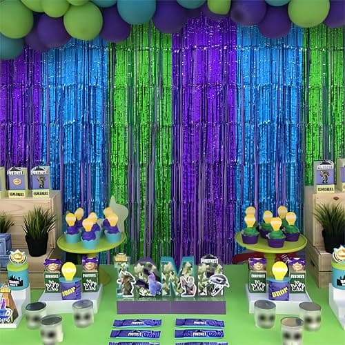 Mega-L Video Game Birthday Decorations, 2Pack Purple Blue Green for Night Backdrop Streamers 3.3x6.6ft Foil Fringe Curtains for Boys Game Fans Holiday Party Supplies Pixel Photobooth Props Wall Decors thumbnail 3