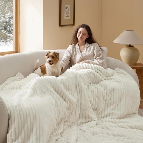 Bedsure Large Queen Fluffy Comforter Set, Cozy Fleece Cream White Bedding | Ultrasoft Ribbed Flannel Comforter, Fall & Winter Warm Bedding Set, Gift for Women, Room Decor Aesthetic, OEKO thumbnail 2