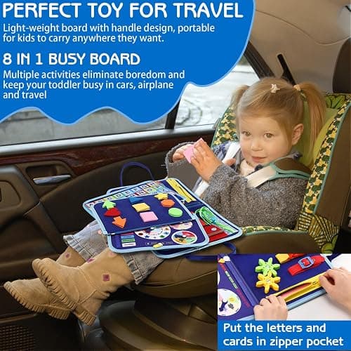Esjay Toddler Busy Board Montessori Toys for Boys, Sensory Board Educational Activities for Learning Fine Motor Skills, Birthday Gifts for Boys Toddlers, Travel Toys for Airplane Car, Blue Dinosaur thumbnail 5