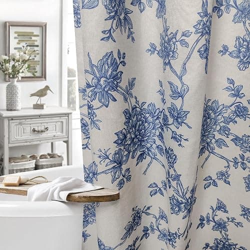 MUGINYU Blue Vintage Floral Linen Shower Curtain-Toile Cottage Core Farmhouse Country Neutral Botanical Bath Curtain for Bahtroom Decor 72x72inch - Image 1