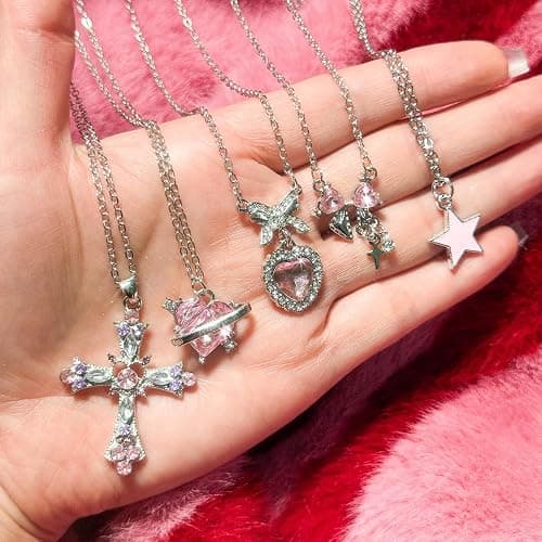 LIRUNQIN 5PCS Gyaru Y2K Necklace Set - Gothic Cross, Pink Indie Jewelry, McBling Aesthetic Accessories for Women, Scene, and 2000s Style thumbnail 3