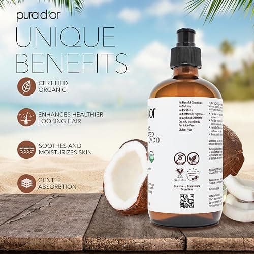 PURA D'OR 16.9 Oz ORGANIC Fractionated Coconut Oil (GLASS BOTTLE) USDA Certified MCT Oil – Therapeutic, Lightweight Moisturizer – Hexane Free Carrier Oil For Essential Oils, Massage – Face, Hair, Body thumbnail 3