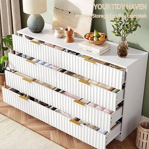 NDOHCUO Fluted 8 Drawer Dresser for Bedroom,47.2''W Modern Dresser for Closet with Metal Handle, Wooden Chest of Drawers for Bedroom, Living Room, Hallway, White thumbnail 6