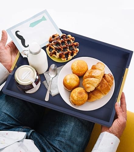 SXNOWS Coffee Table Tray - Large Ottoman Tray for Living Room - Wood Serving Tray with Handles(2 Sets) - Wooden Trays for Coffee Tables, 4 Round Coasters Included, Deep Blue thumbnail 2