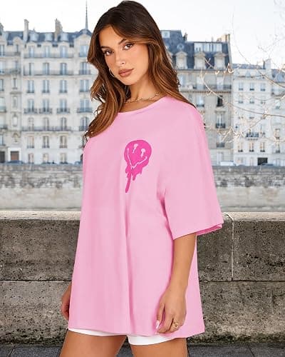 Womens Oversized Tshirt Graphic Tees Crew Neck Summer Short Sleeve Loose Fit Tops - X-Large - A-letter Print Pink thumbnail 7