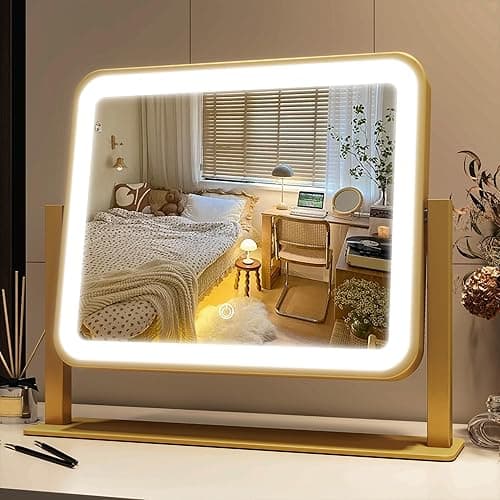 FENNIO Vanity Mirror with Lights 14x12 Inch - Makeup Mirror with Lights Tabletop, 3-Color Dimmable Lighted Mirror, Touch Control Desktop Mirror for Women (Gold) - Gold - 14"L x 12"W - Image 1