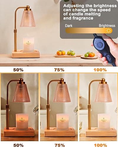 HONGZZI Candle Warmer Lamp with Timer - Adjustable Height & Brightness - Wood Base Glass Shade - 2 Bulbs Included(Square Gold) thumbnail 4